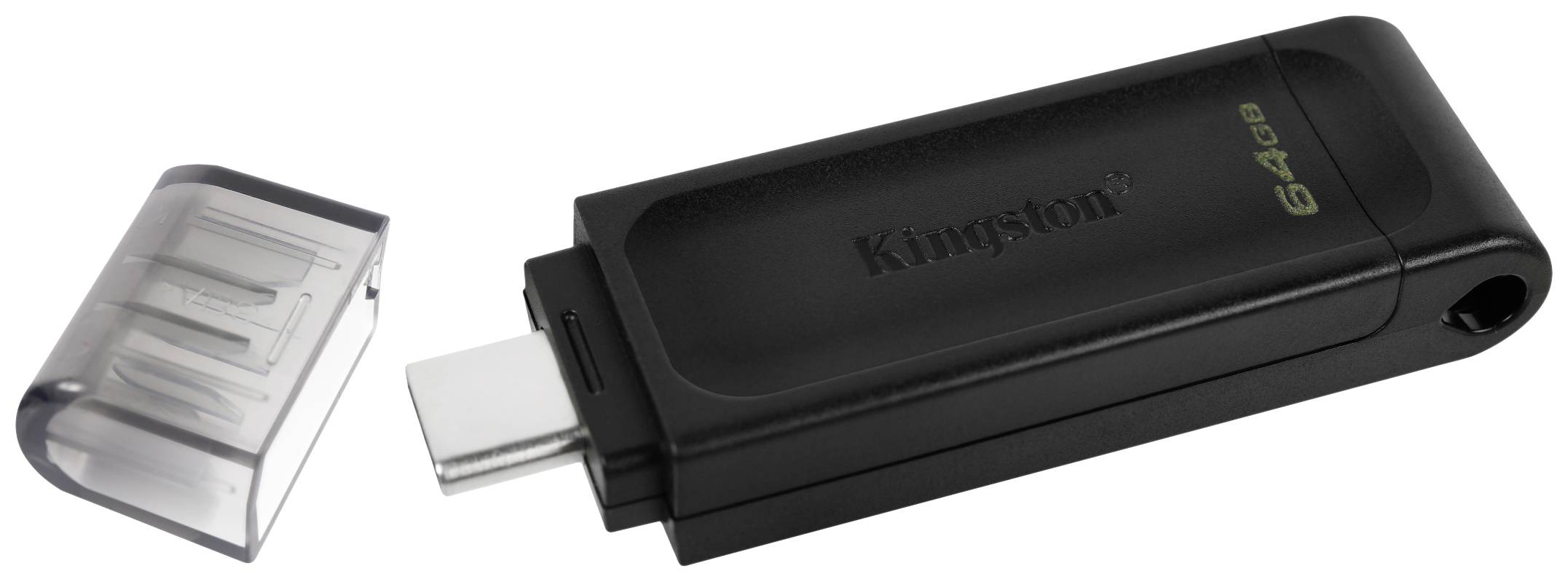 Una chiavetta USB nera con il cappuccio rimosso, mostra un connettore USB-C. La capacità di 64 GB è stampata sopra.