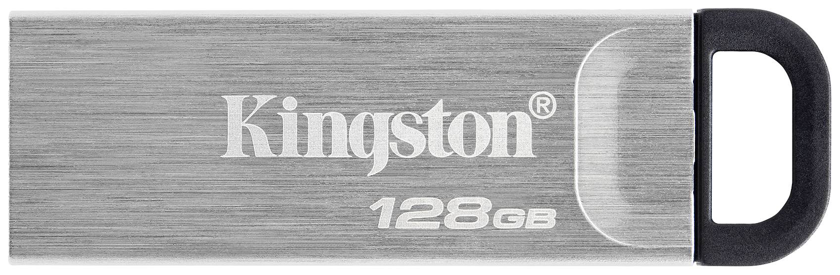 Chiavetta USB con custodia metallica grigia, riportante la scritta 'Kingston 128GB'.