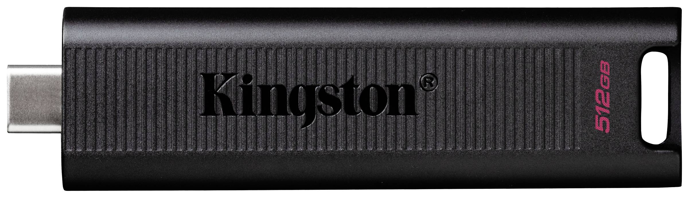 Chiavetta USB nera 'Kingston', capacità di archiviazione 512 GB, dispositivo di memoria compatto con connettore grigio sul lato sinistro e stampa rossa.