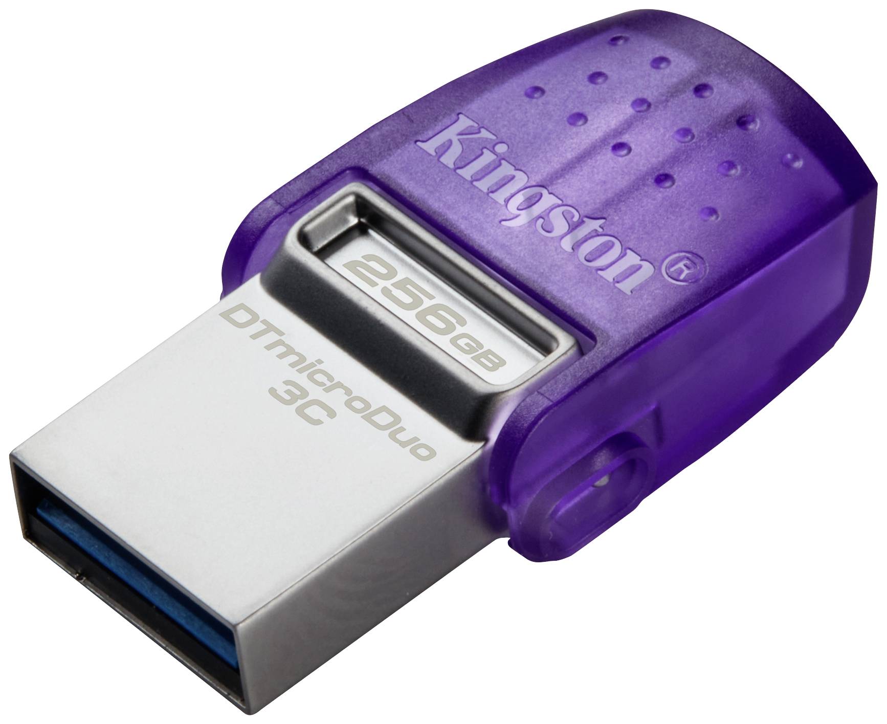 Chiavetta USB Lila con connettore argentato, riportante la scritta 'Kingston' e '256GB'.