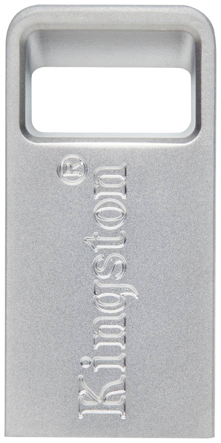Chiavetta USB grigio metallizzato con apertura rettangolare e logo 'Kingston' inciso verticalmente.