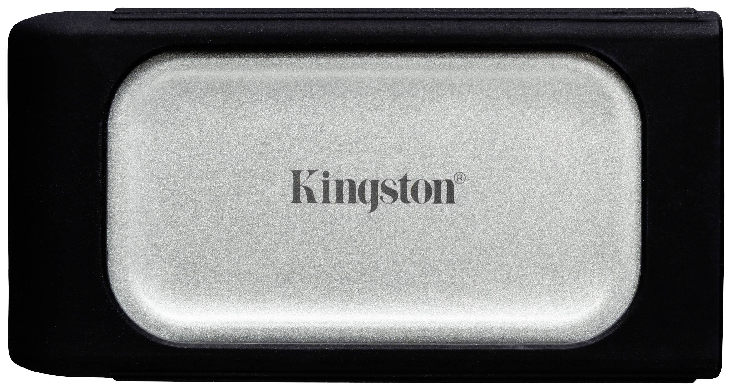 Una pennetta USB con la scritta 'Kingston' su una superficie metallica, circondata da una cornice in plastica nera.
