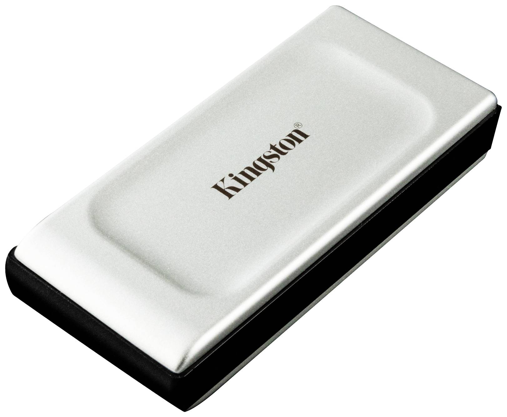 SSD esterno di Kingston con involucro argentato, forma rettangolare e il logo Kingston in alto.