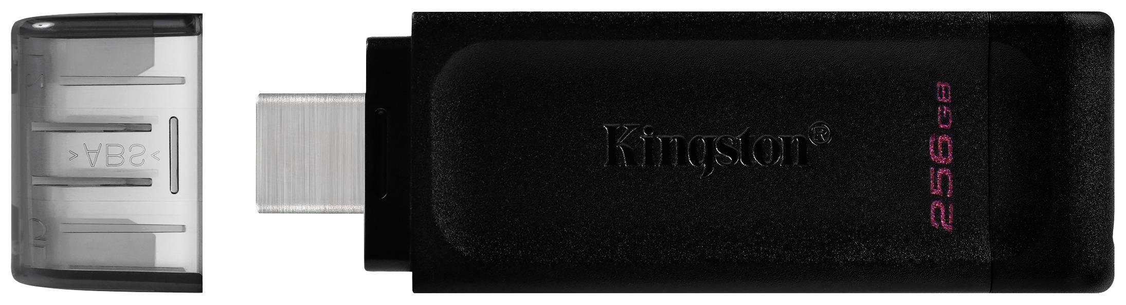 Una chiavetta USB nera con la scritta 'Kingston' e '256GB'. Il coperchio è stato rimosso, mostrando la porta USB.