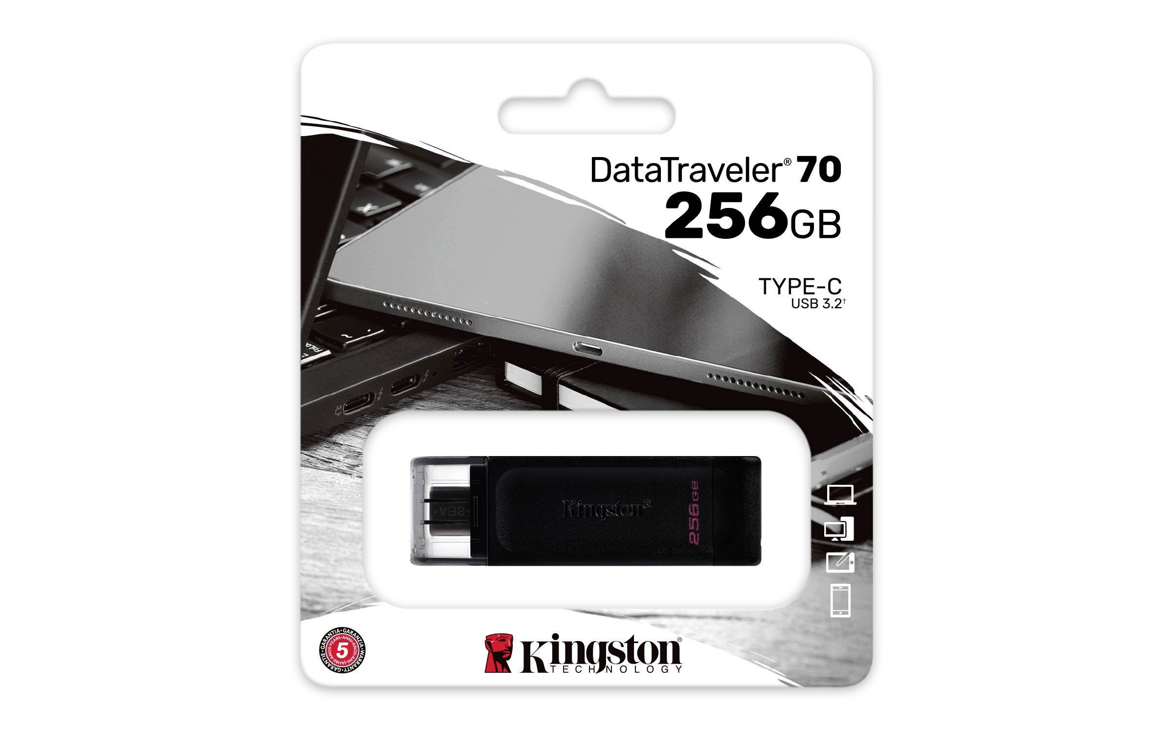 Chiavetta USB Kingston DataTraveler 70 da 256 GB, con connettore Type-C e tecnologia USB 3.2, in confezione nera.