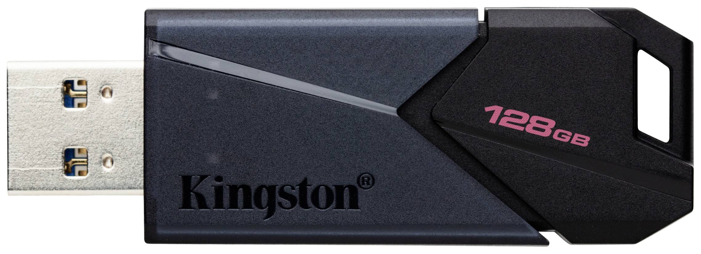 Una chiavetta USB nera con la scritta '128GB' e 'Kingston'.