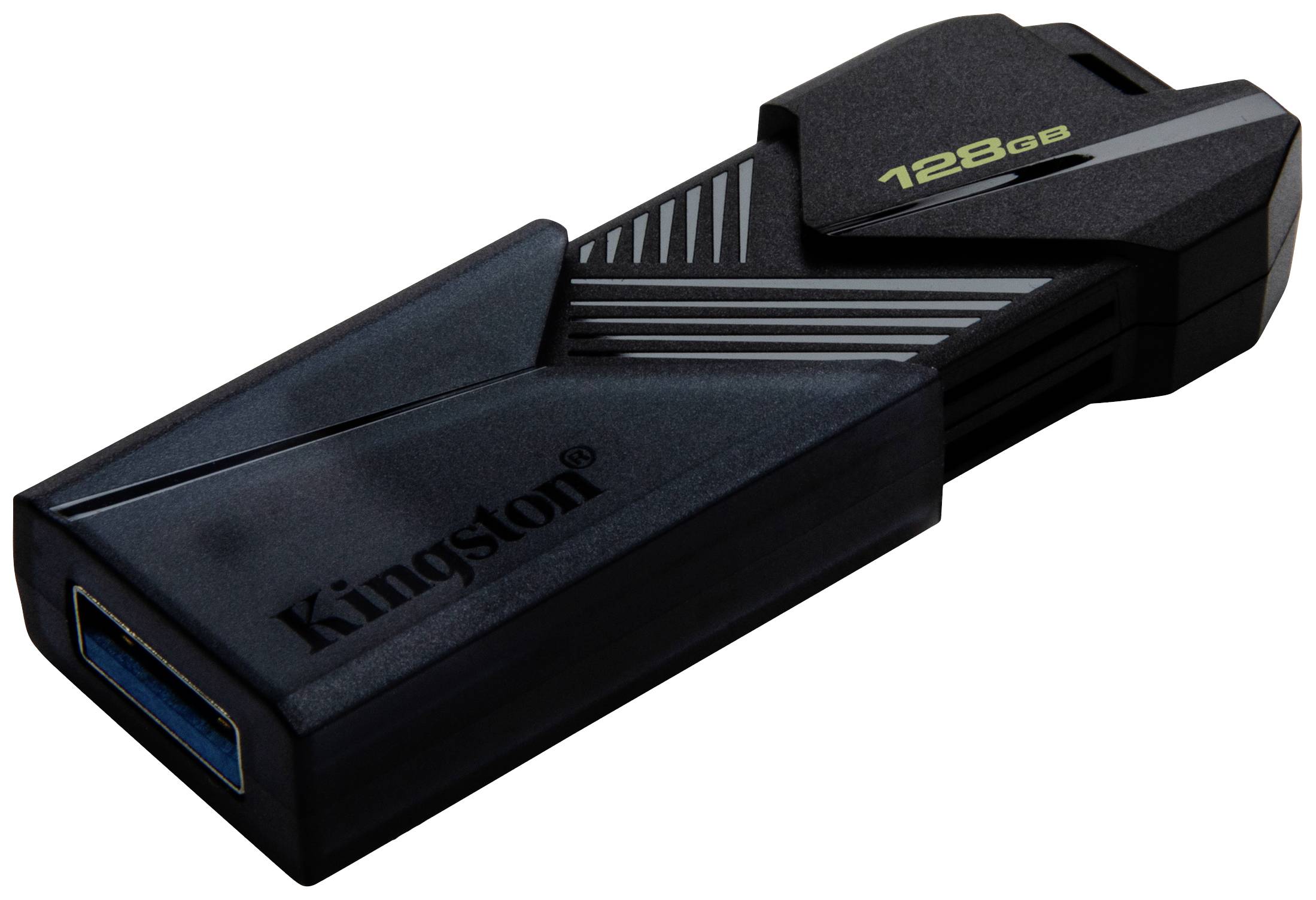Chiavetta USB di Kingston con capacità di memoria da 128 GB, custodia nera, linee distintive sulla superficie.