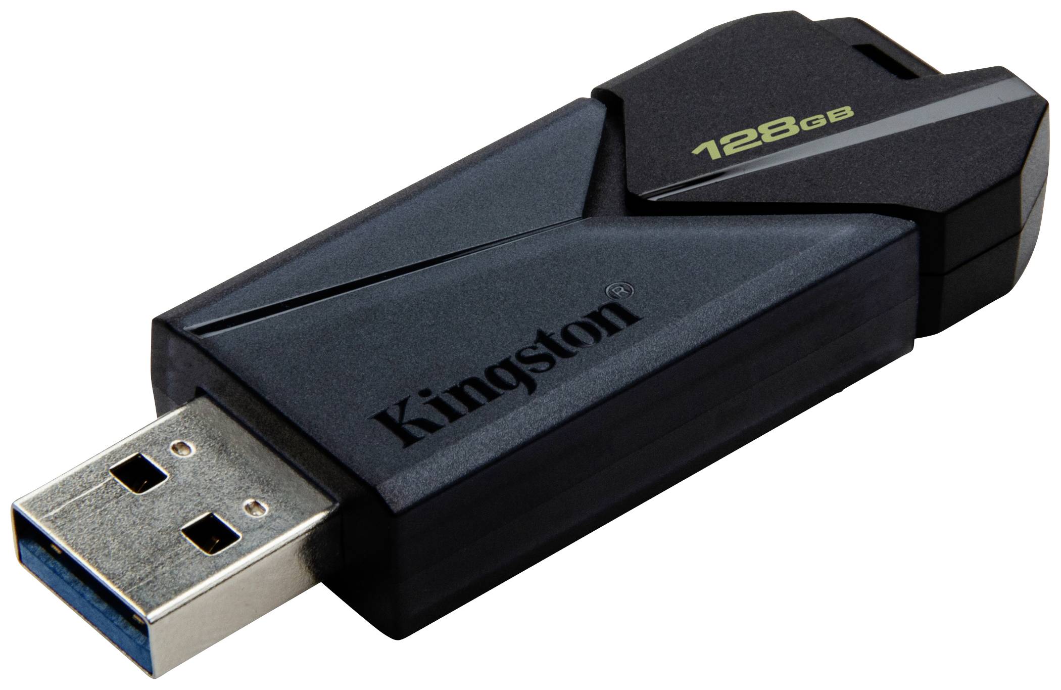 Una chiavetta USB nera con connettore USB 3.0 blu, contrassegnata con 'Kingston' e '128 GB', su uno sfondo bianco.