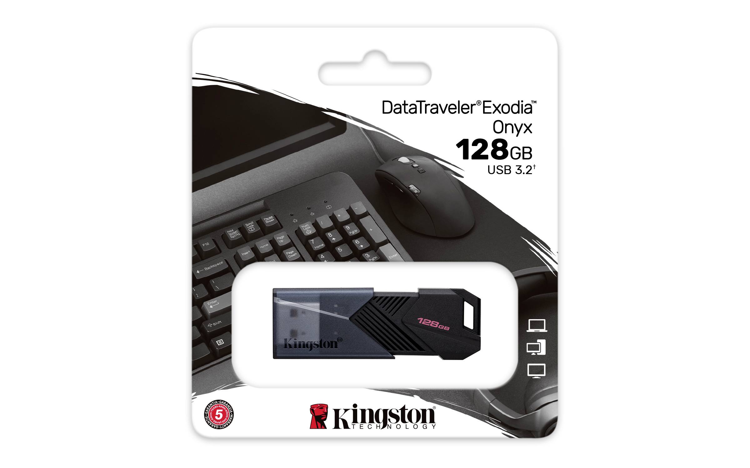 Una chiavetta USB da 128 GB 'DataTraveler Exodia Onyx' di Kingston nella sua confezione davanti a una tastiera e un mouse per computer.