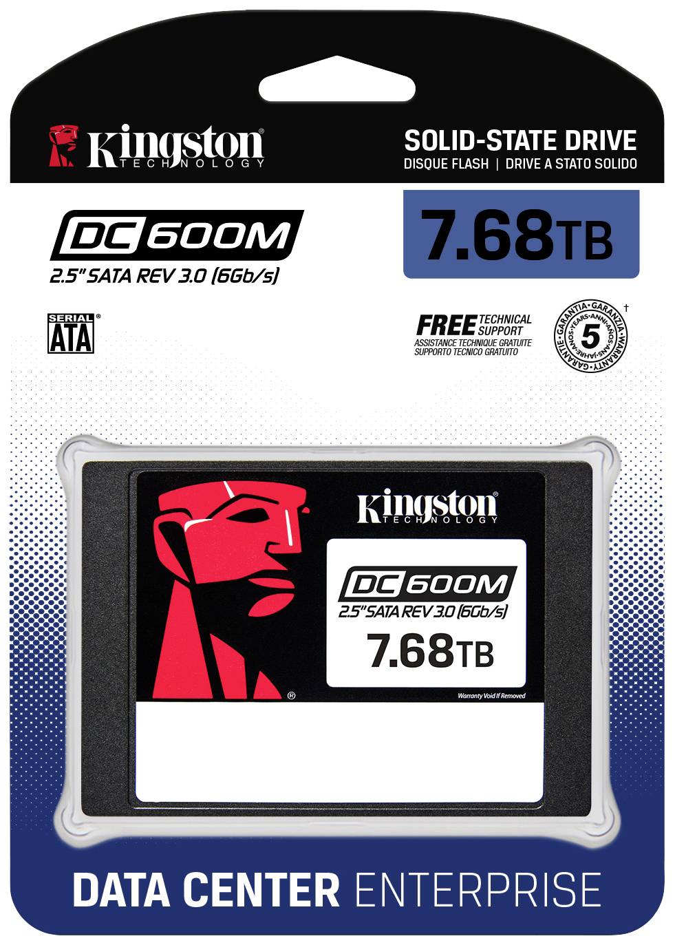 Confezione di un SSD Kingston DC600M da 7,68 TB. Contiene informazioni sul supporto tecnico e sulla garanzia.