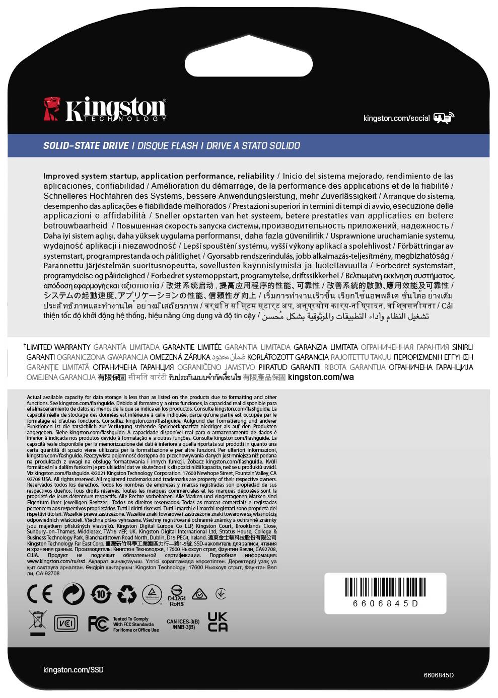 Confezione Kingston per Solid-State Drive. Contiene descrizione del prodotto in più lingue, immagine e informazioni di contatto.