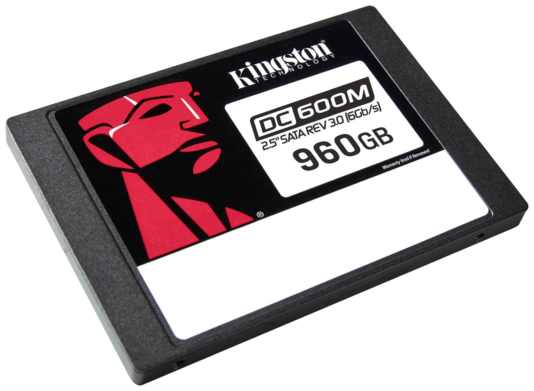 SSD 'Kingston DC600M' da 960 GB. Involucro nero con logo rosso e specifiche bianche.