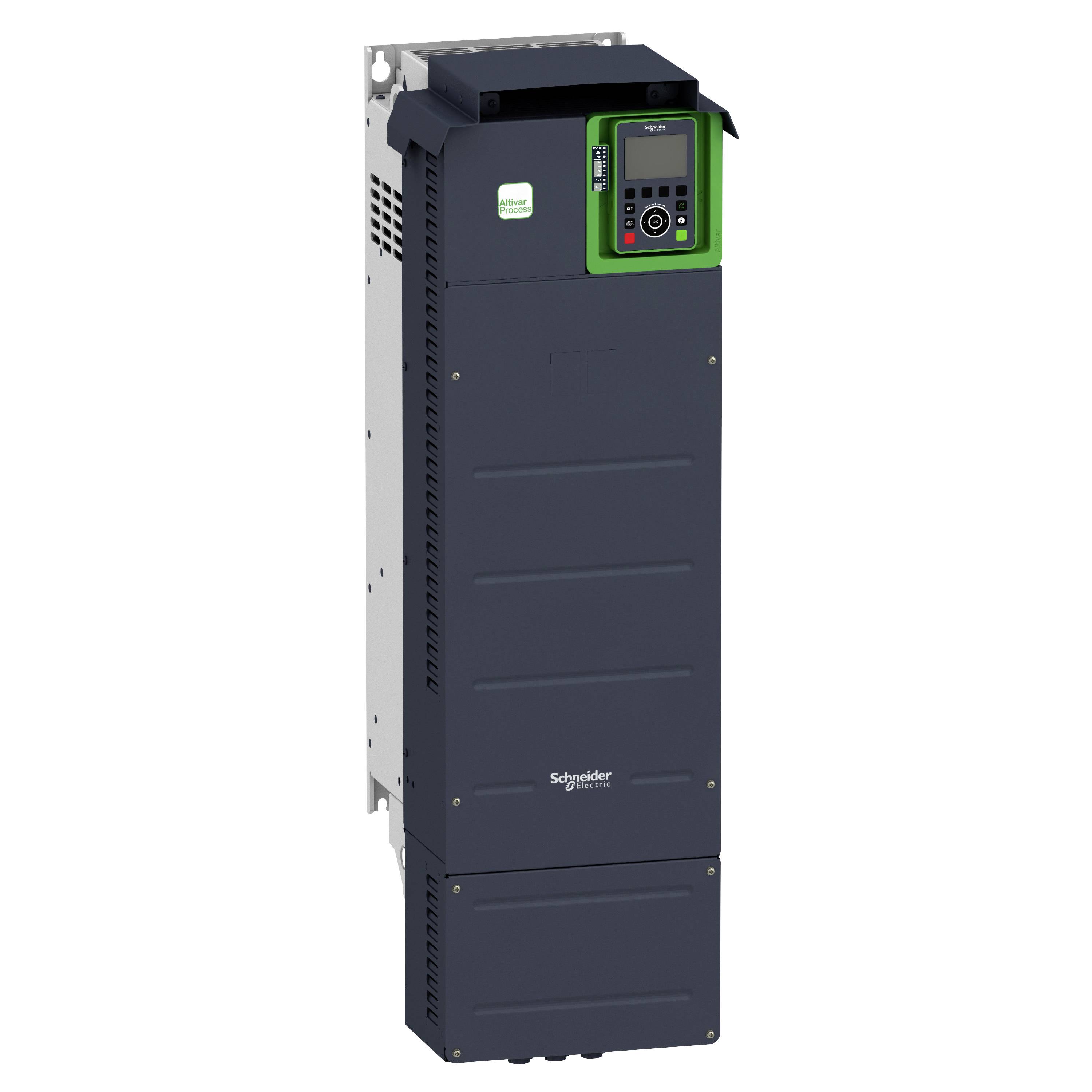 Un inverter nero con display e controllo verde, montato a parete, di Schneider Electric.