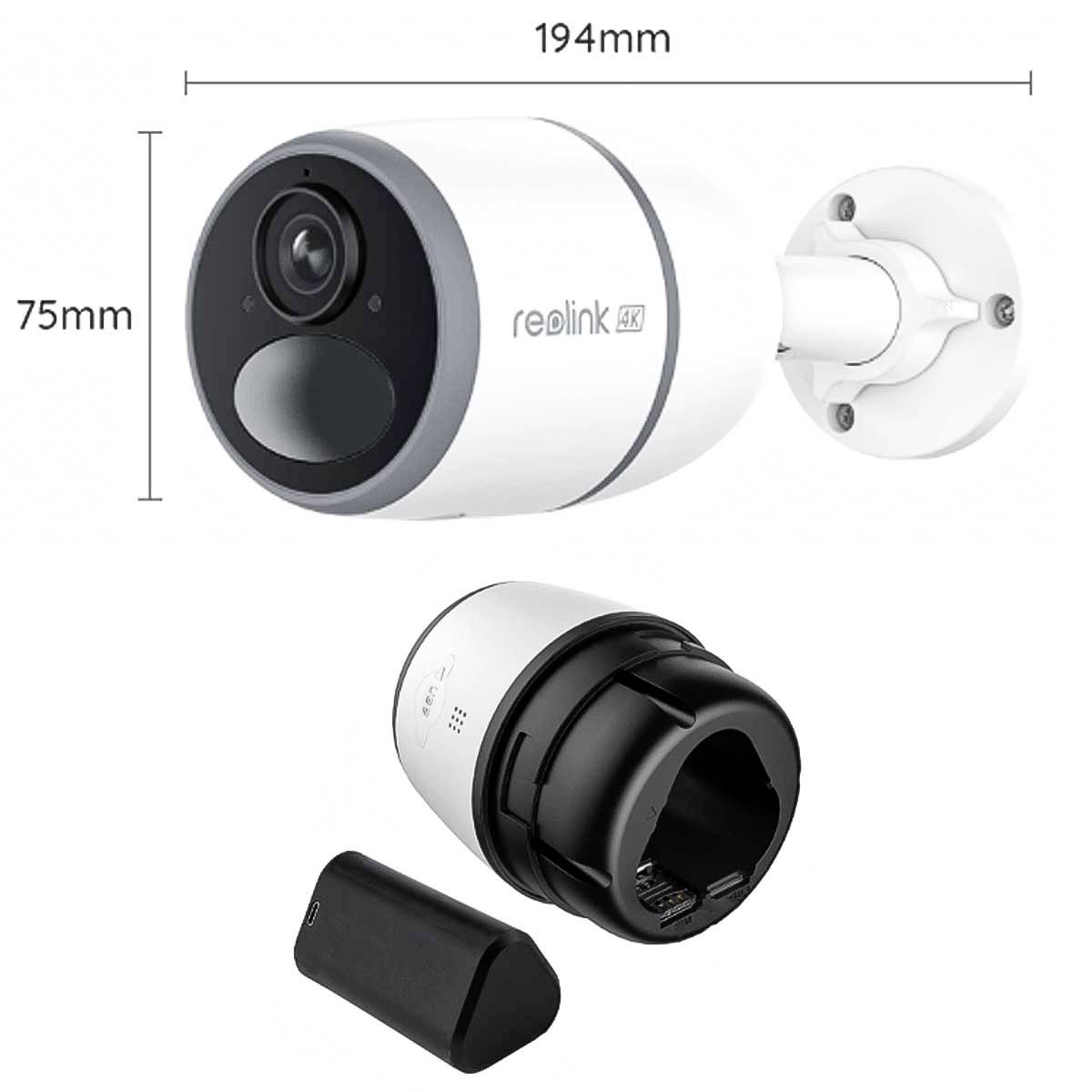 L'immagine mostra una telecamera di sicurezza con dimensioni di 194 mm x 75 mm. Accanto alla telecamera sono visibili parti rimovibili e connessioni.