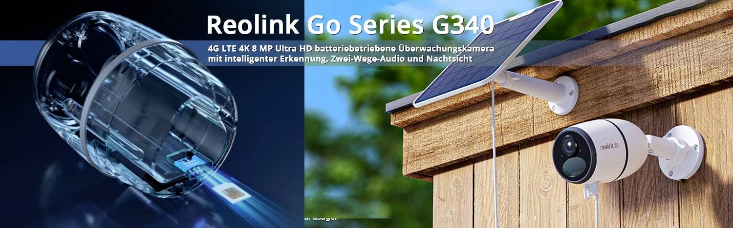 Telecamera 'Reolink Go Series G340', alimentata a energia solare, 4G LTE, 4K, 8 MP, rileva movimento e offre audio bidirezionale e visione notturna.