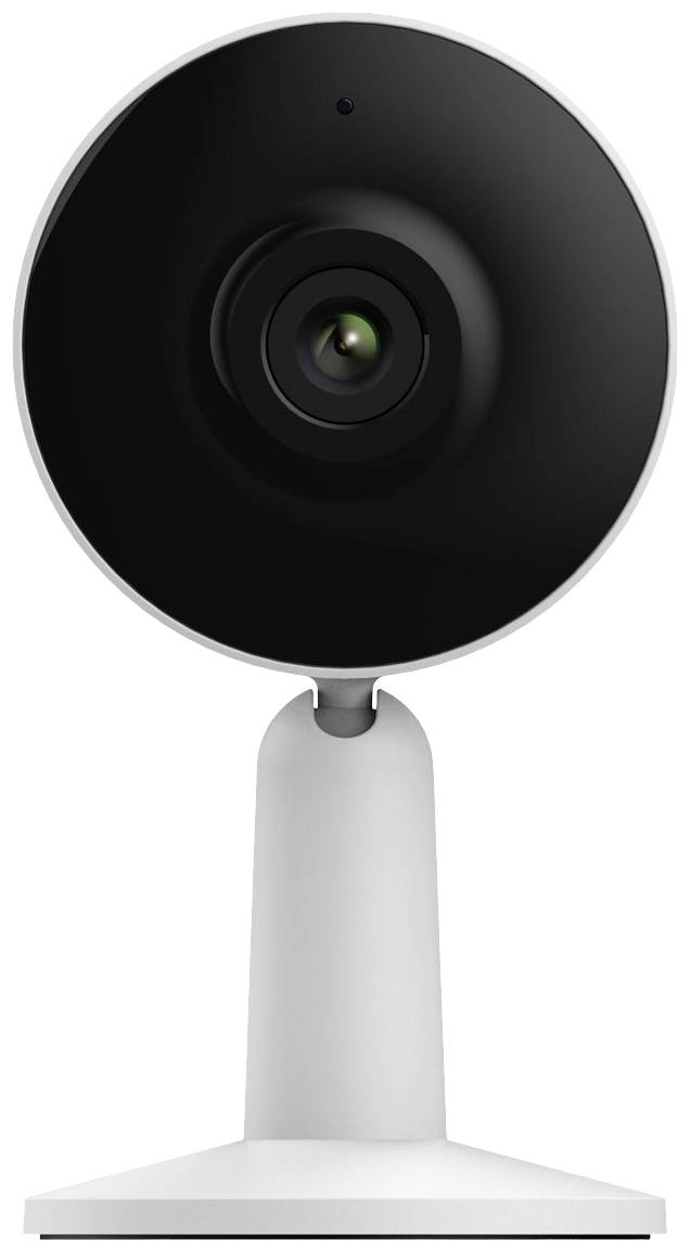Una semplice telecamera di sorveglianza moderna in bianco con obiettivo nero, ripresa frontalmente.