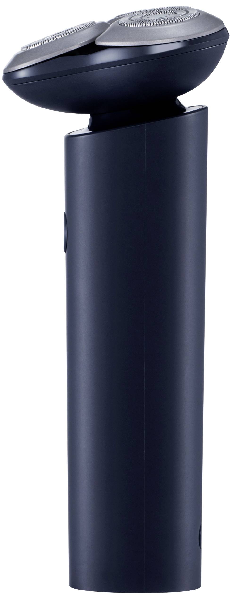 Rasoio elettrico nero con due testine rotonde, visto di lato.