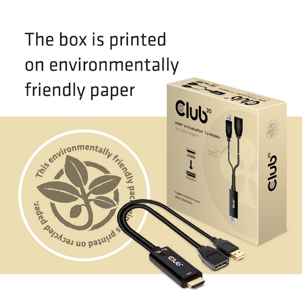 Un cavo adattatore da HDMI a DisplayPort è poggiato su un cartone con su scritto: 'The box is printed on environmentally friendly paper'.