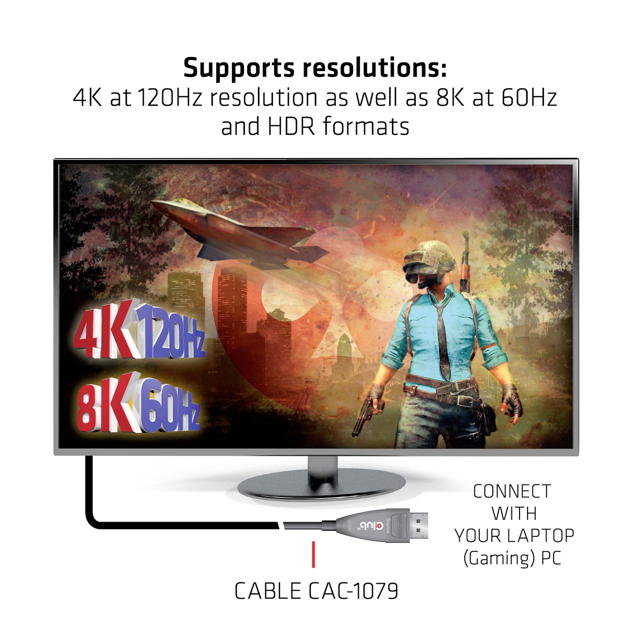 Un monitor mostra un gioco ricco di azione con un personaggio e un aereo. Supporta 4K a 120Hz, 8K a 60Hz nonché formati HDR. Connessione tramite cavo CAC-1079 a PC o laptop.