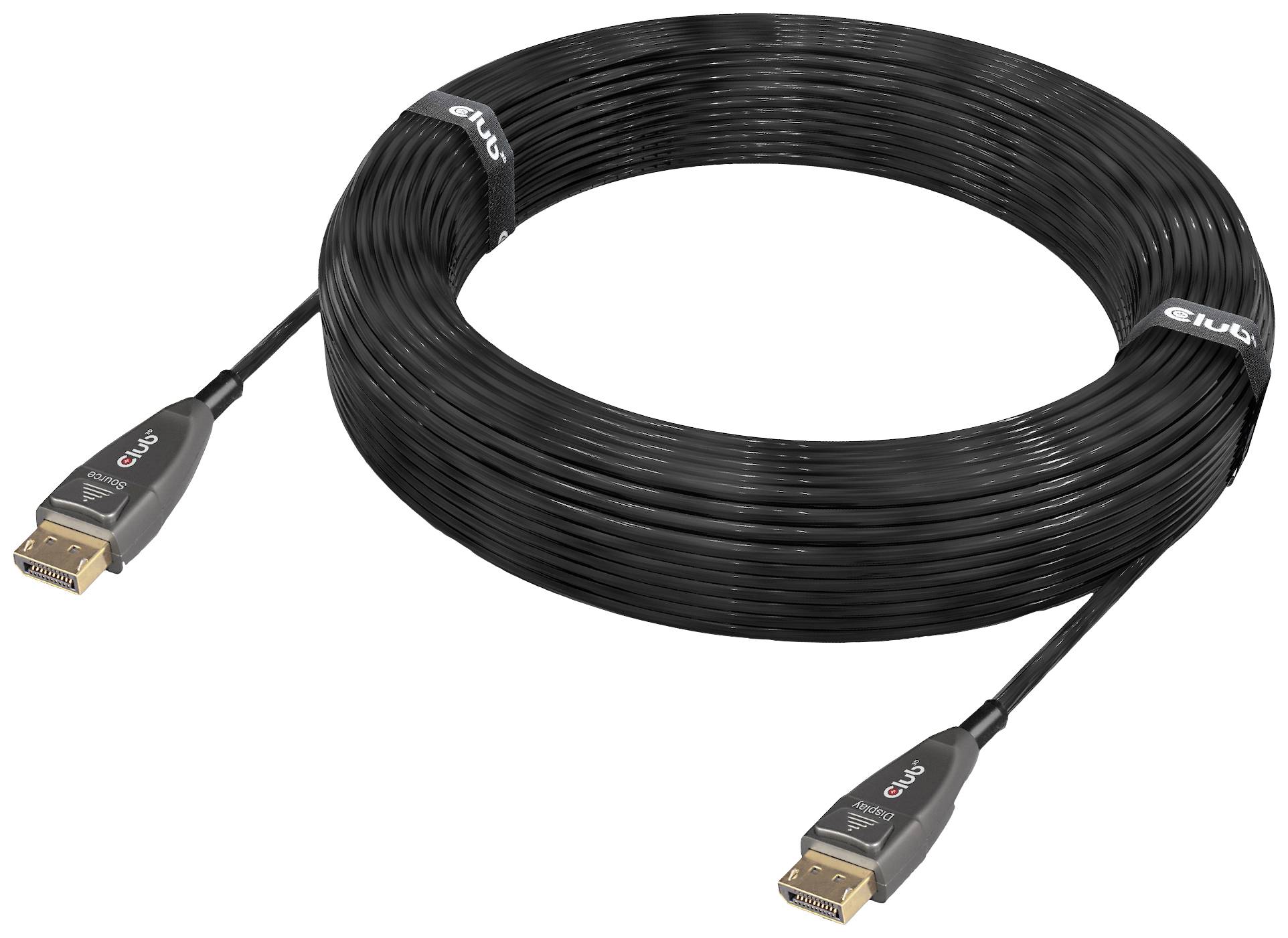 Un cavo HDMI nero, arrotolato, con connettori dorati alle estremità, per la trasmissione di segnali audio e video.