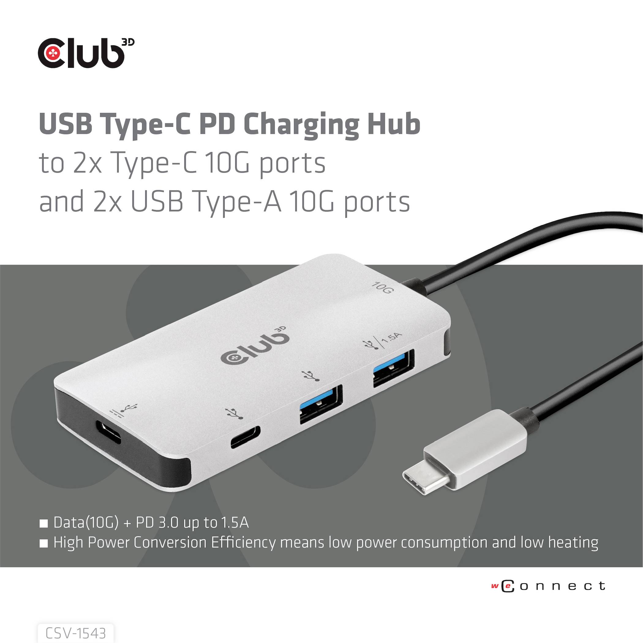 Hub di ricarica USB Type-C PD con 2 porte Type-C e 2 porte USB Type-A 10G. Offre trasferimento dati veloce e consumo energetico efficiente.