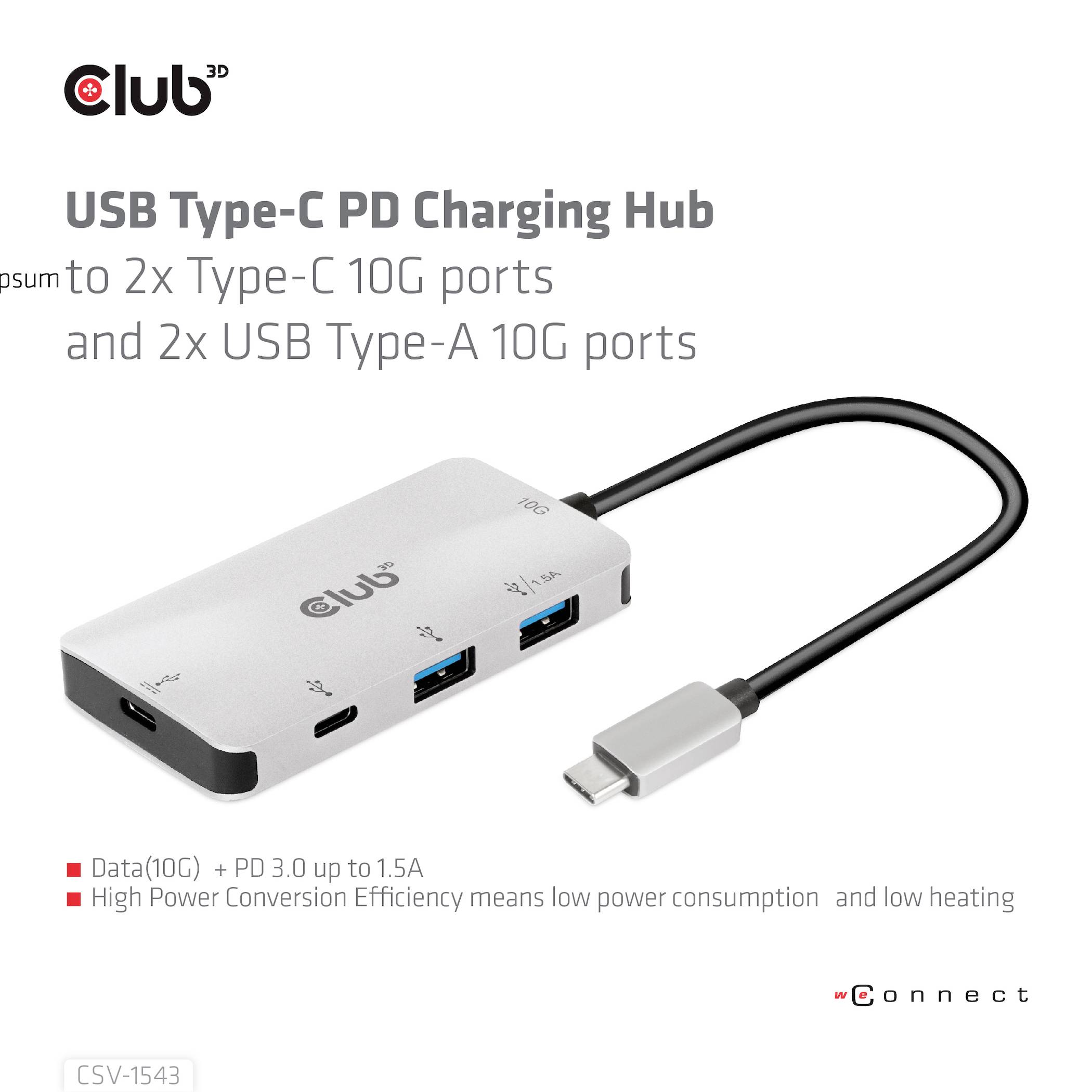 Hub USB-C 10G con due porte Tipo-C e due porte Tipo-A. Supporta la ricarica rapida e genera un basso sviluppo di calore. Design grigio.