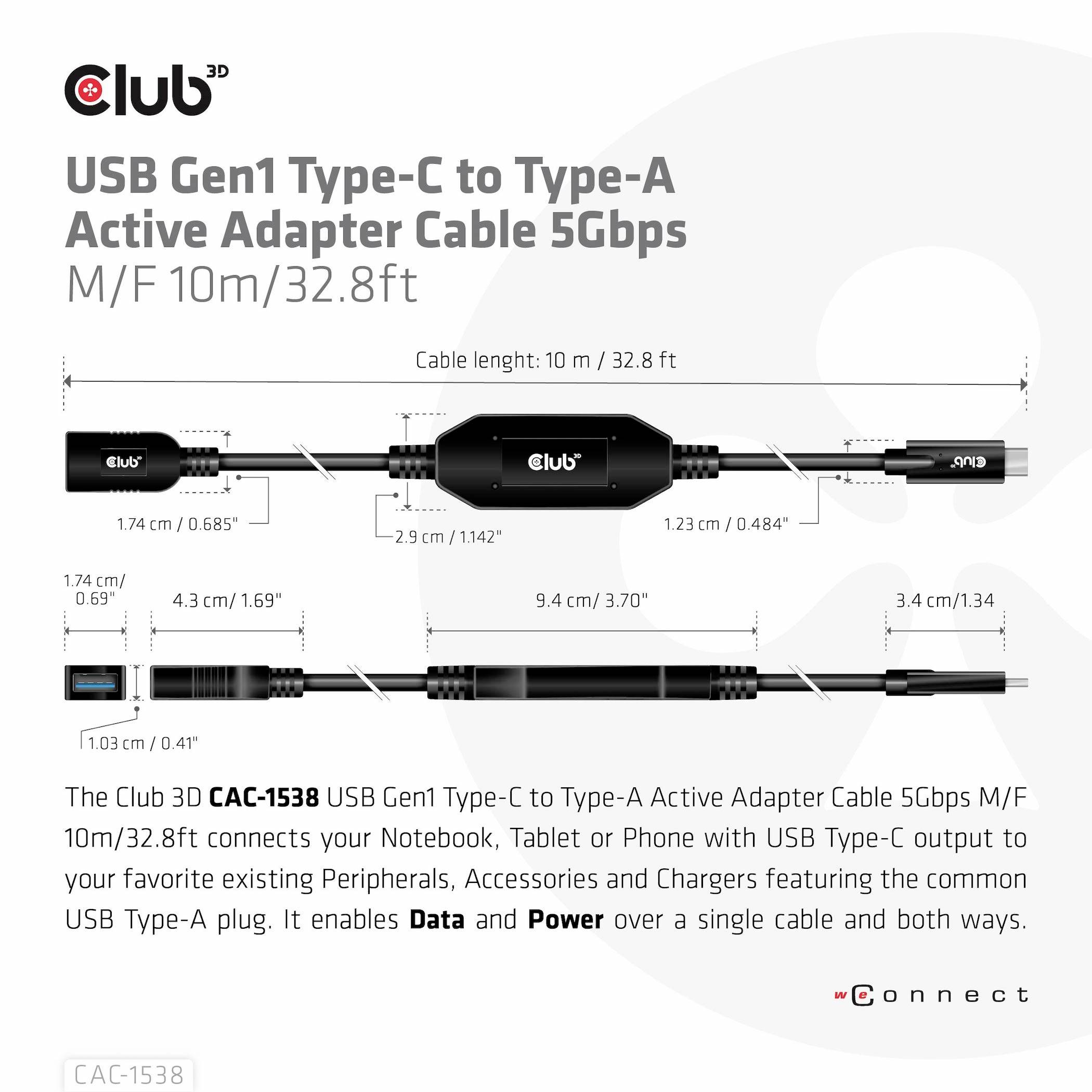 Adattatore Cavo USB Type-C a Type-A Gen1 Attivo 5Gbps M/F 10m/32,8ft. Grafica mostra il cavo, le dimensioni e i dettagli tecnici.
