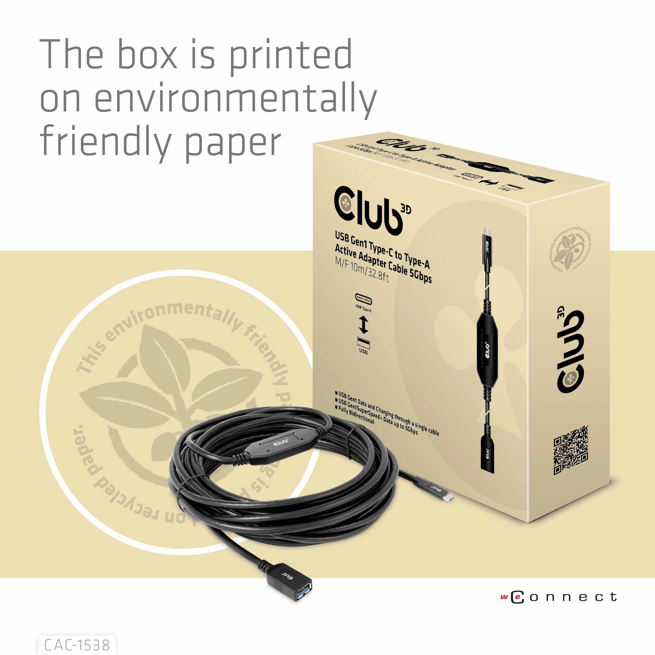 Un imballaggio di carta ecologica mostra un cavo USB. I testi evidenziano la confezione rispettosa dell'ambiente.