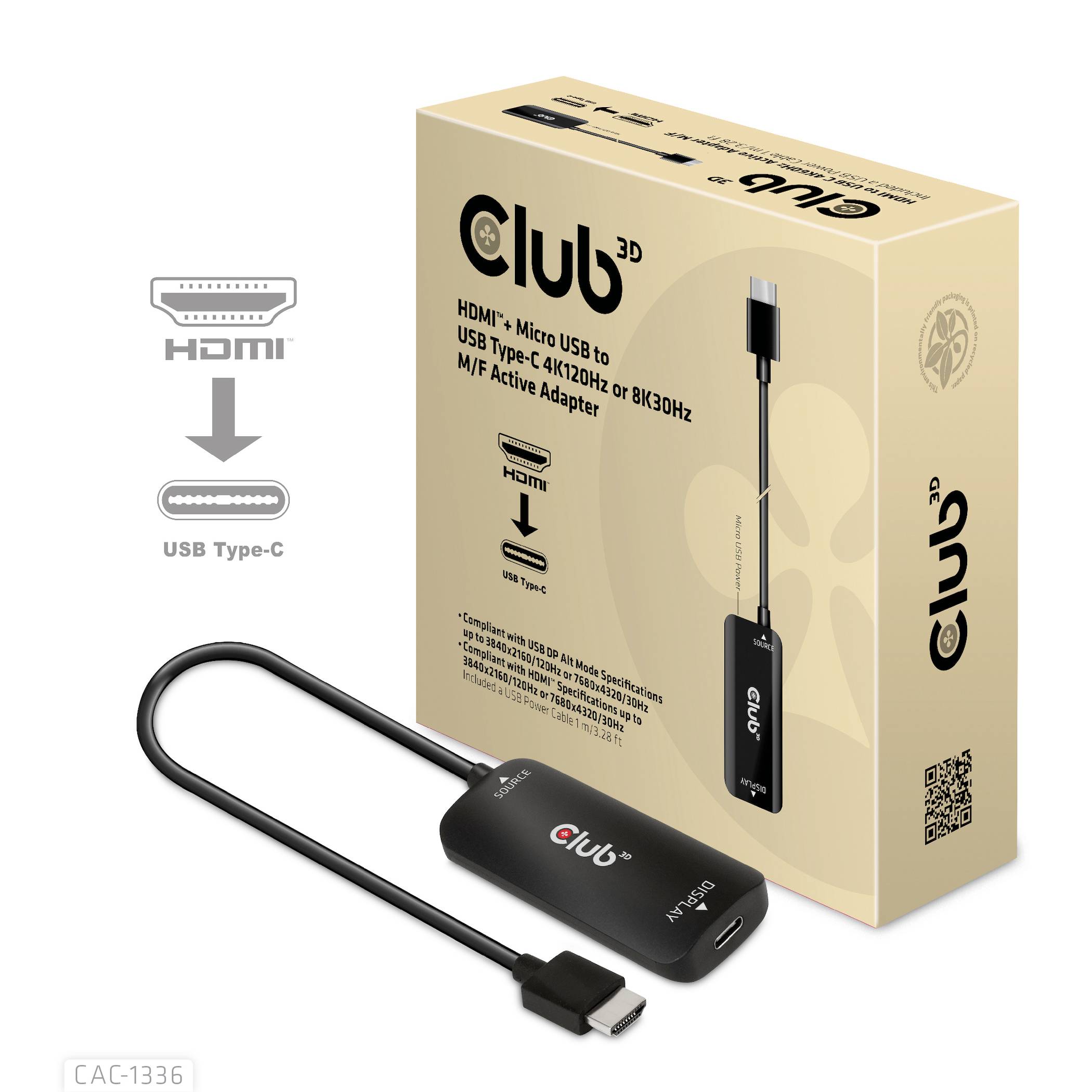 'Club 3D Adattatore da USB Tipo-C a HDMI', mostra il prodotto accanto alla confezione. Converte da USB-C a HDMI con risoluzione 4K.