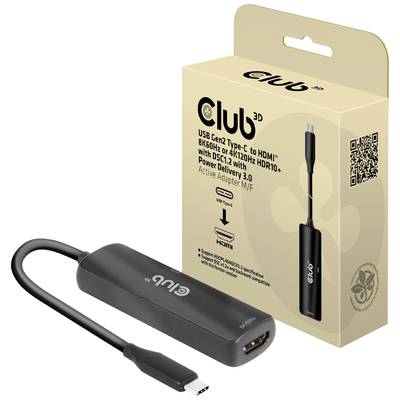 Un imballaggio mostra un adattatore Club 3D da USB-C a HDMI per 8K 60Hz, 4K 120Hz con HDR10. L'adattatore è posizionato accanto alla confezione.