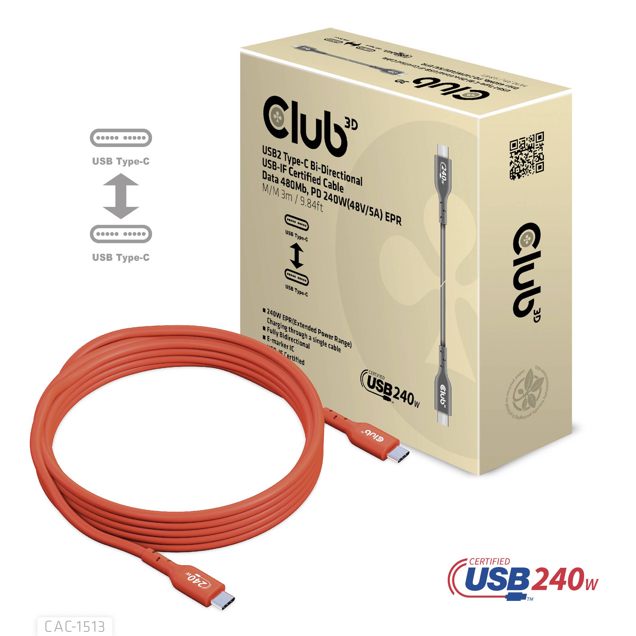 Cavo USB Type-C rosso e confezione con scritta 'USB Type-C, 240W, 240W5A EPR'. Marchio 'USB240W certificato'.