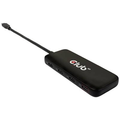 Un adattatore nero multifunzione con diversi porte HDMI e USB mostra il logo 'Club 3D' sulla parte superiore.