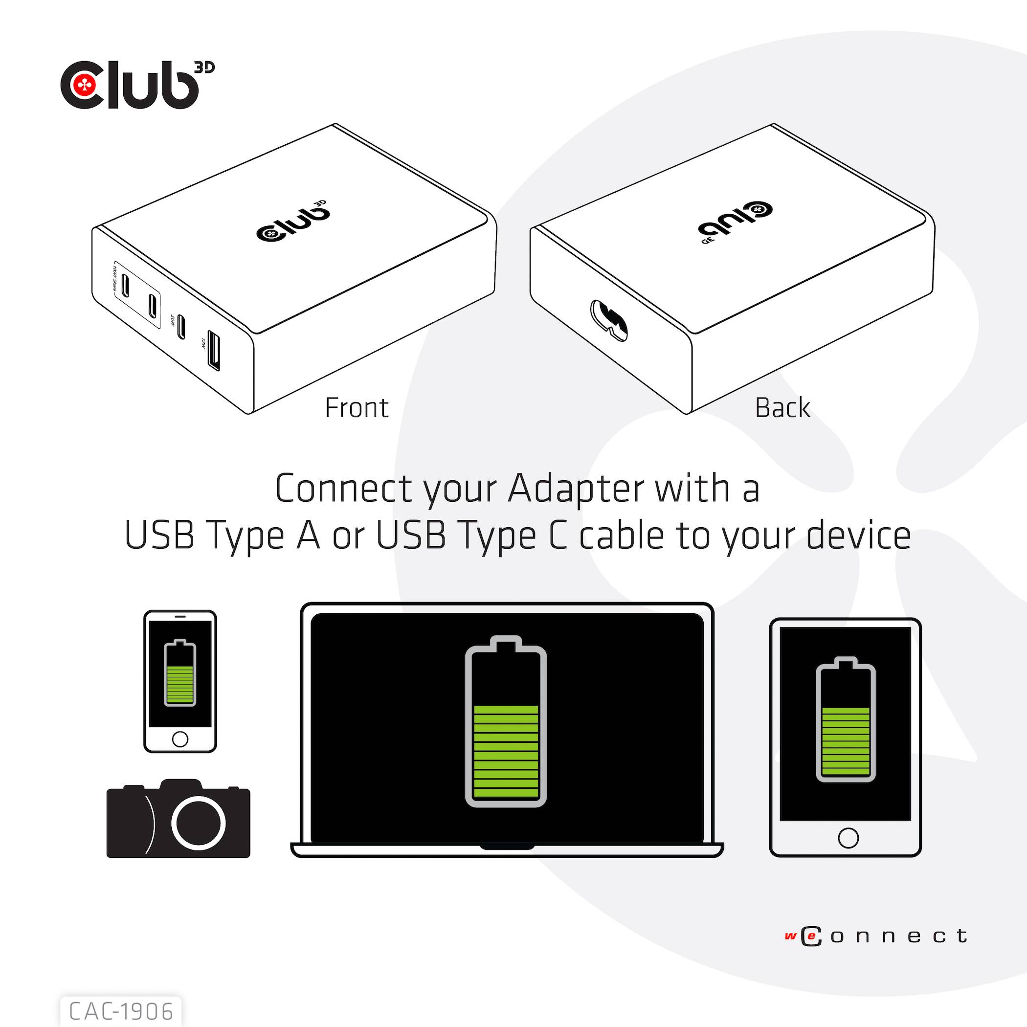 L'immagine mostra il lato anteriore e posteriore di un adattatore con porte USB. Uno smartphone e un tablet sono collegati all'adattatore.