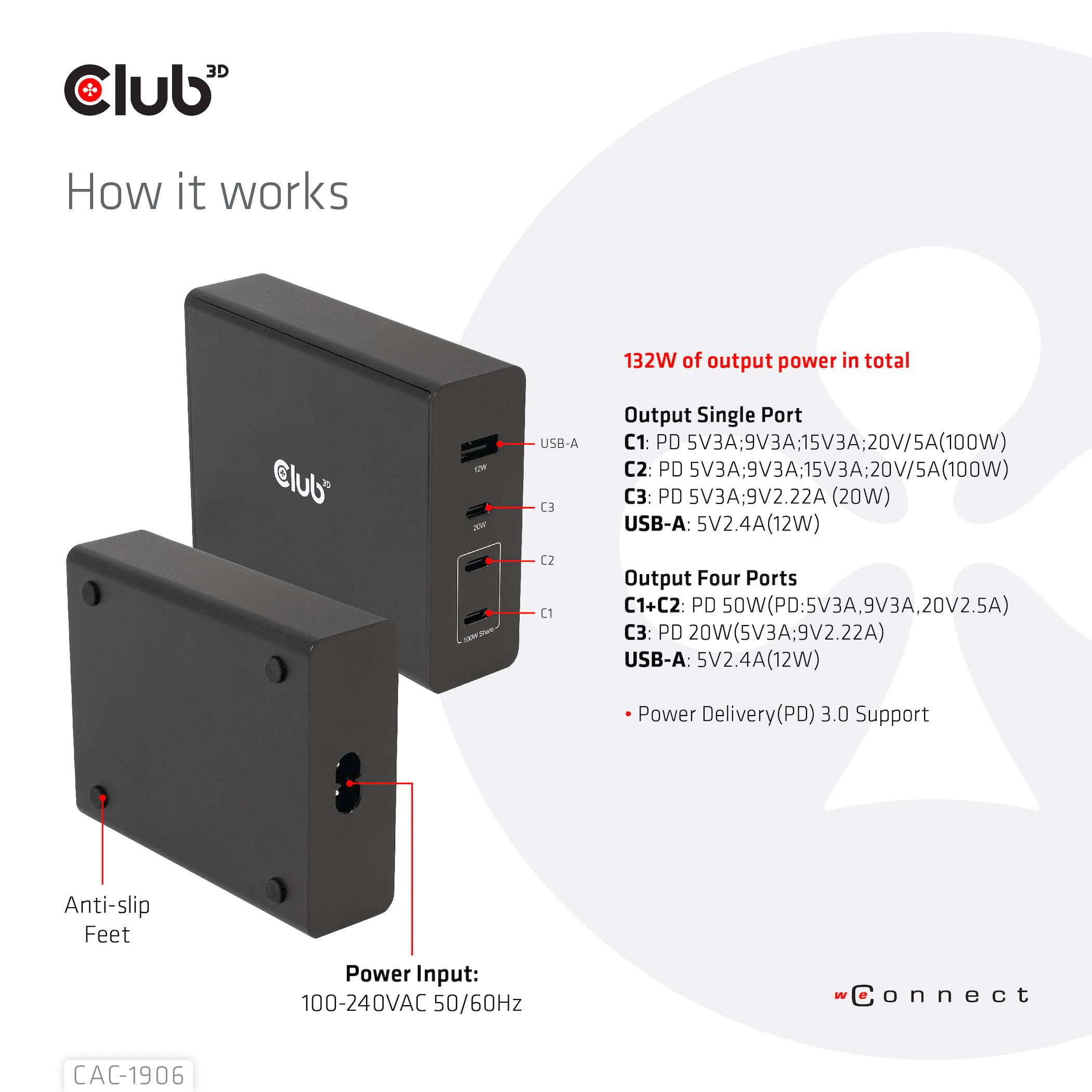 Caricabatterie USB multi-porta con potenza fino a 132W. Supporta Power Delivery 3.0. Ideale per caricare contemporaneamente più dispositivi.