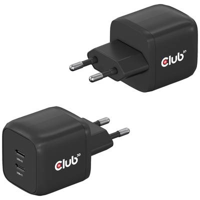 Due caricabatterie USB neri con spina EU e logo Club 3D, uno mostra due porte USB-C, l'altro è ripreso vicino alla spina.
