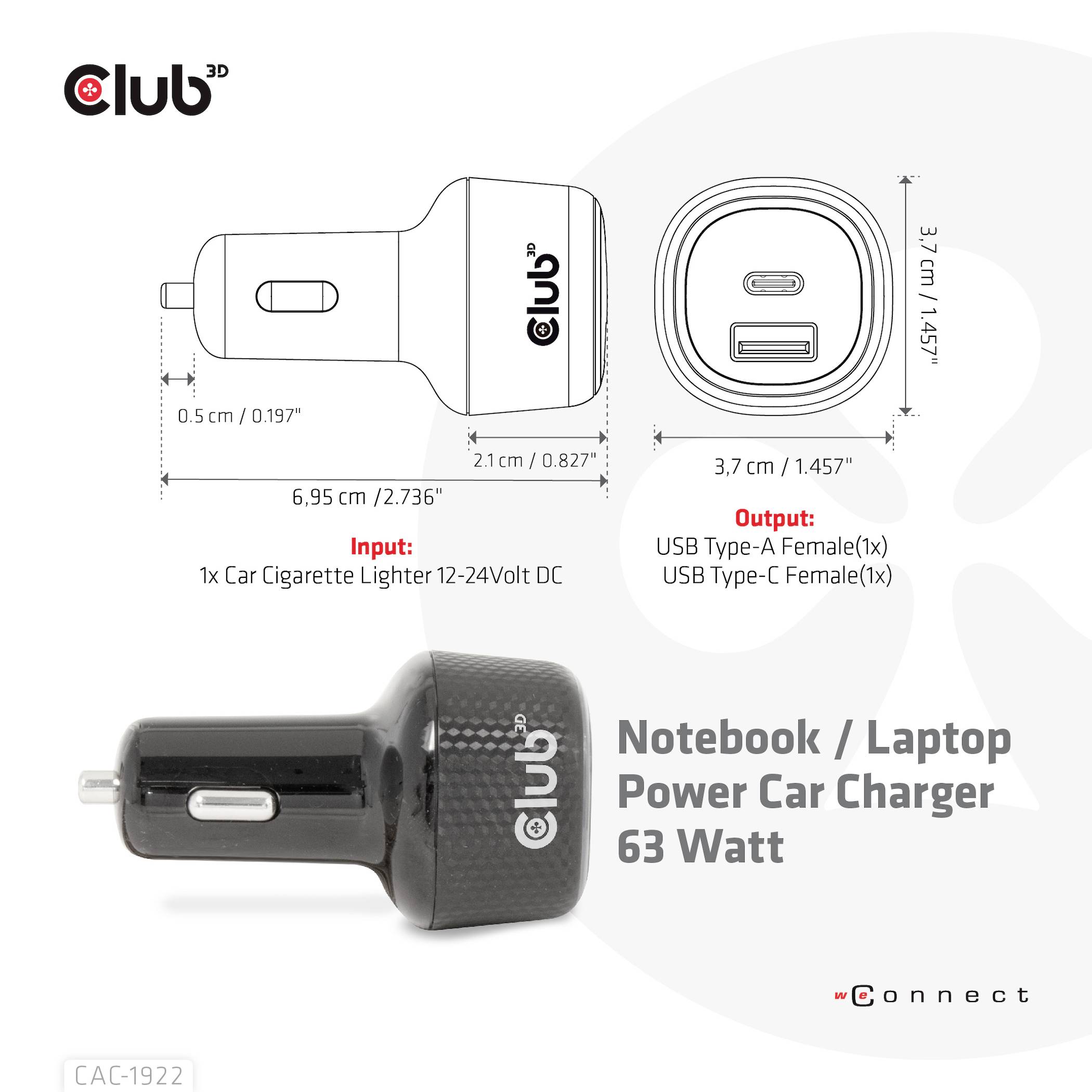 Foto di un caricabatterie per auto cilindrico nero per notebook/laptop con porte USB di tipo A e tipo C. Potenza di 63 Watt.
