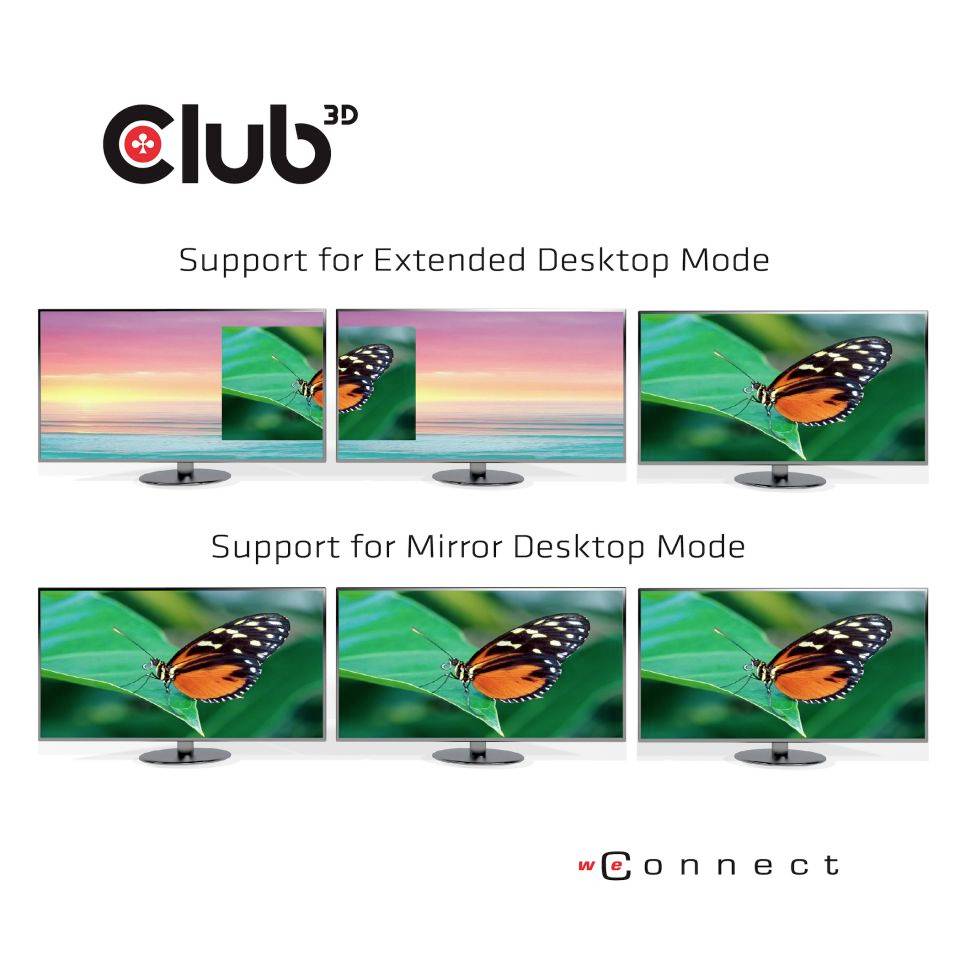 'Club3D Supporta la modalità desktop estesa e speculare.' Sei monitor mostrano paesaggi e farfalle nelle modalità.