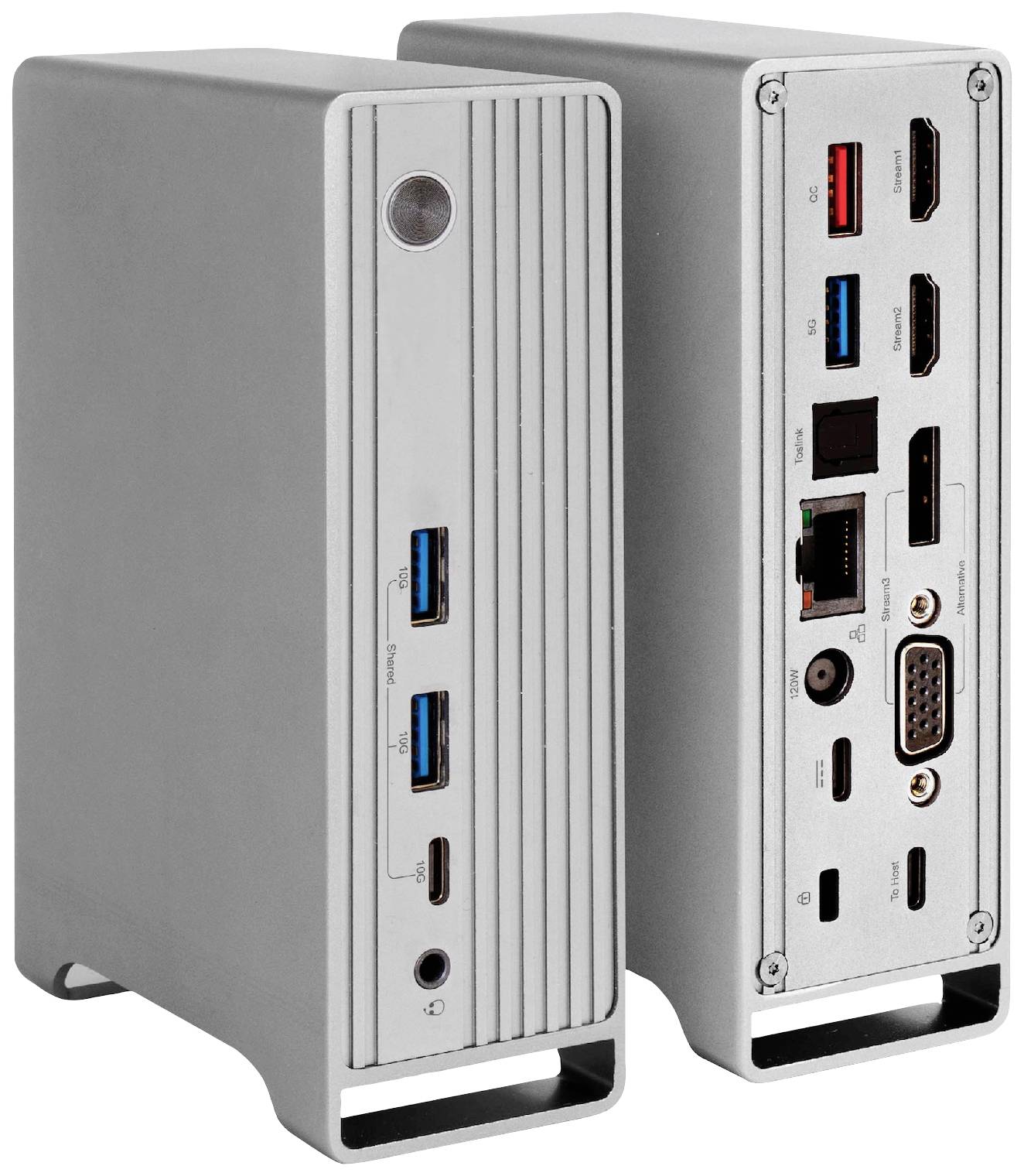 Stazione di aggancio argentata con porte USB e HDMI, lato frontale con porte USB, lato posteriore che mostra ulteriori connessioni come Ethernet e VGA.