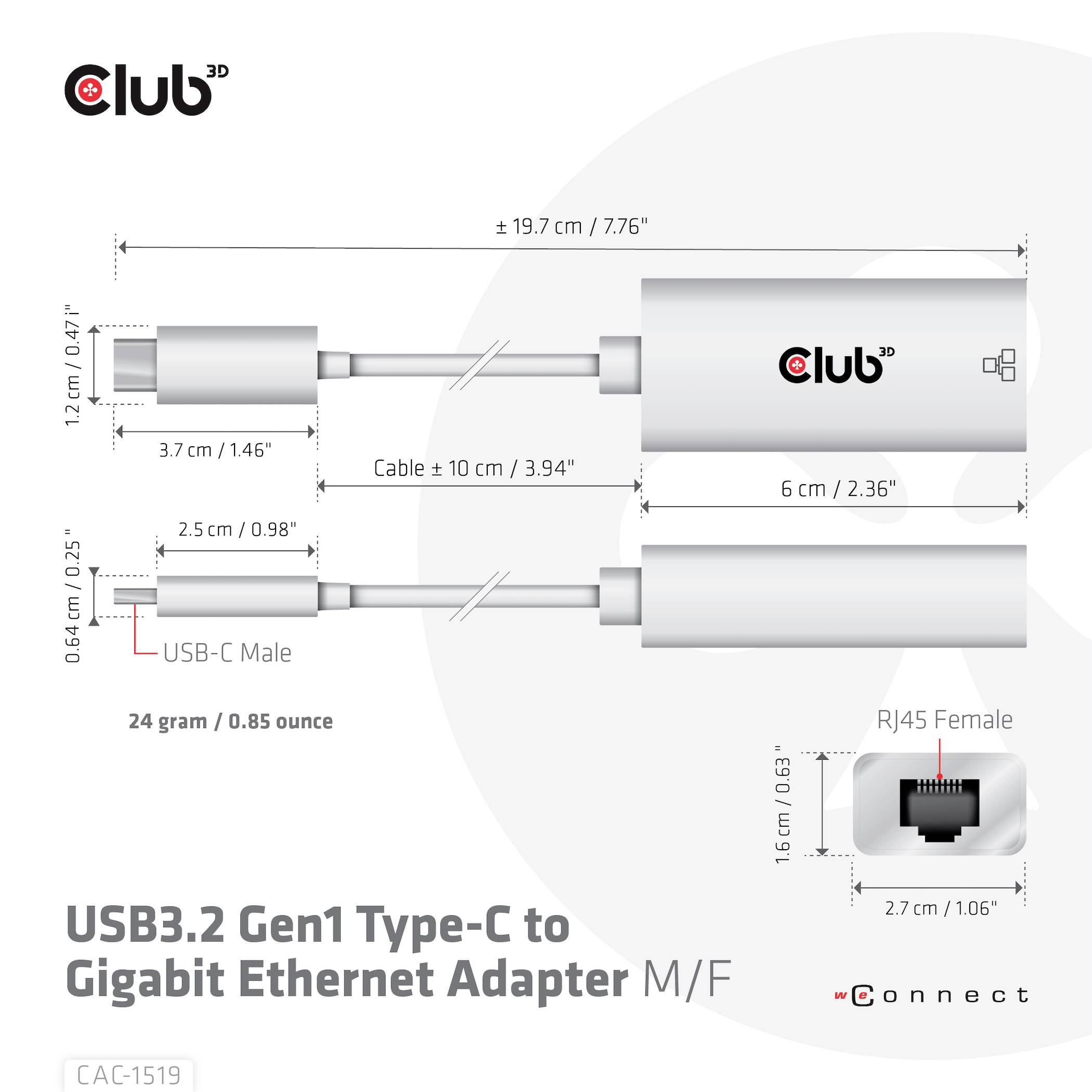 Adattatore USB3.2 Gen1 Tipo-C su Ethernet Gigabit, maschio/femmina. Dimensioni indicate: 6 cm e 10 cm (cavo). Peso 24 grammi.