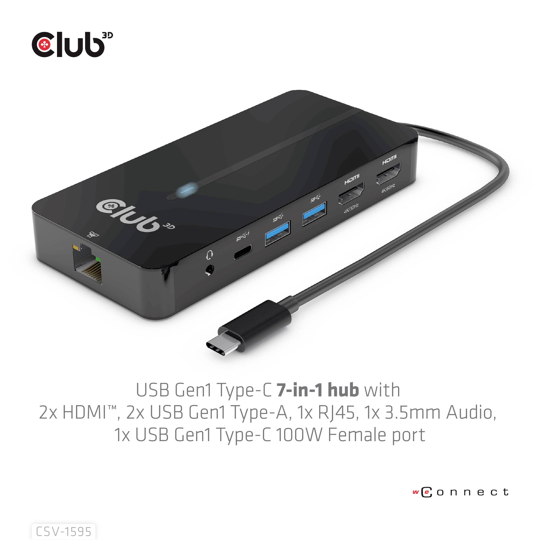 Hub USB-C con 7 porte: 2x HDMI, 2x USB Gen1 Tipo-A, 1x RJ45, 1x Audio 3,5mm, 1x USB Gen-C 100W. Design nero, cavo integrato.