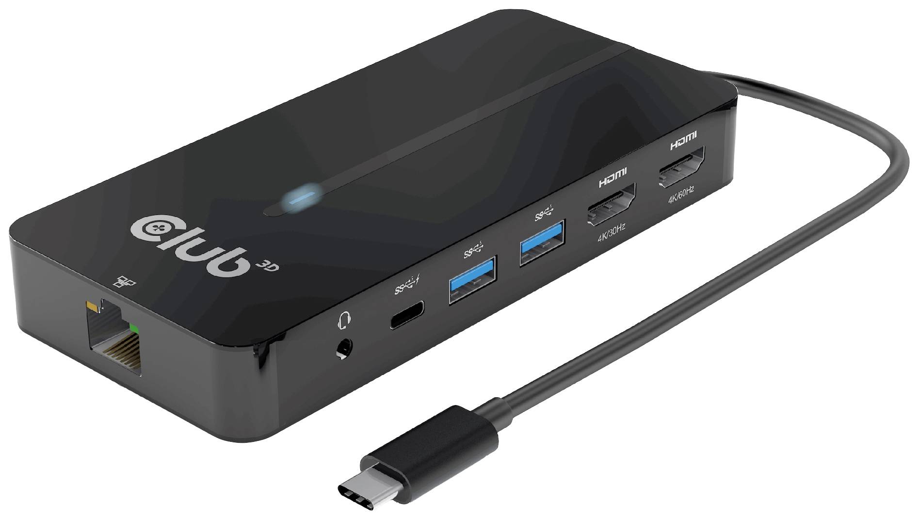 Un hub USB-C nero con cavo di connessione. Dispone di una porta Ethernet, due porte USB 3.0, una porta USB-C e due porte HDMI.