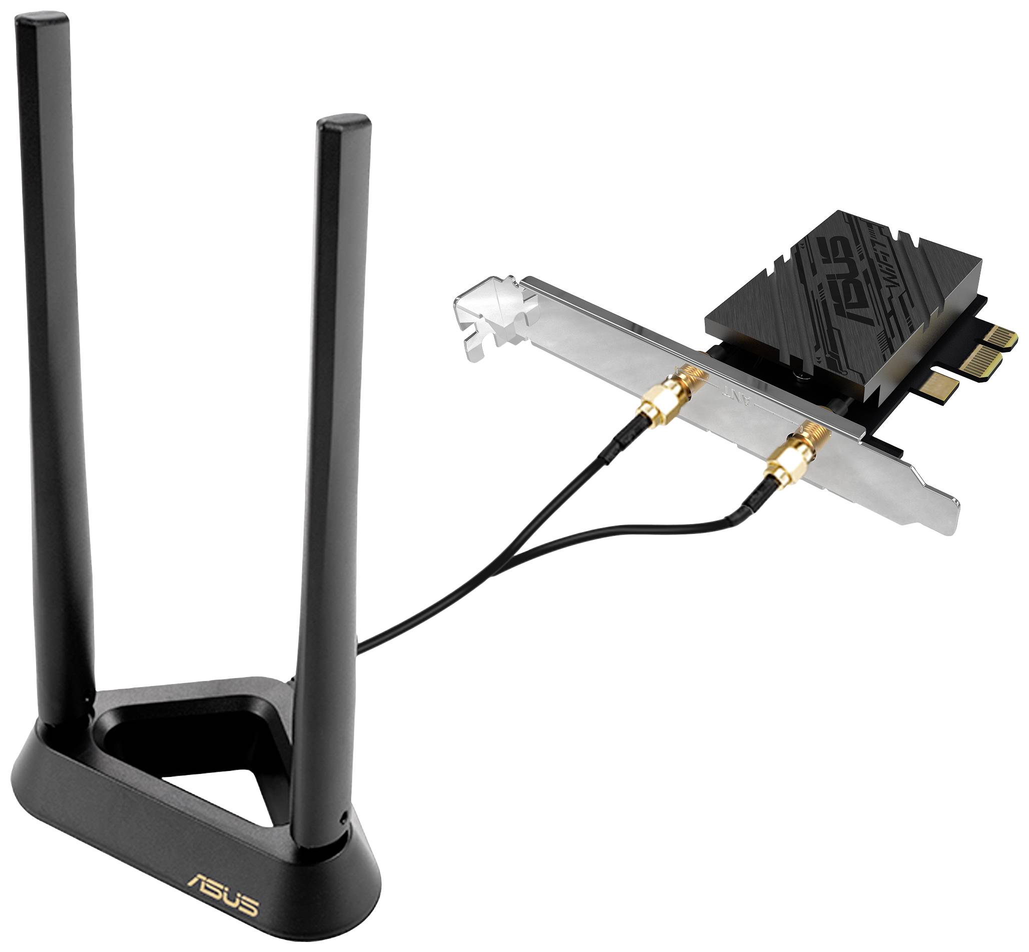 'Adattatore ASUS PCIe Wi-Fi 6 con due antenne e dissipatore di calore, idoneo per connessioni di rete wireless veloci e stabili.'