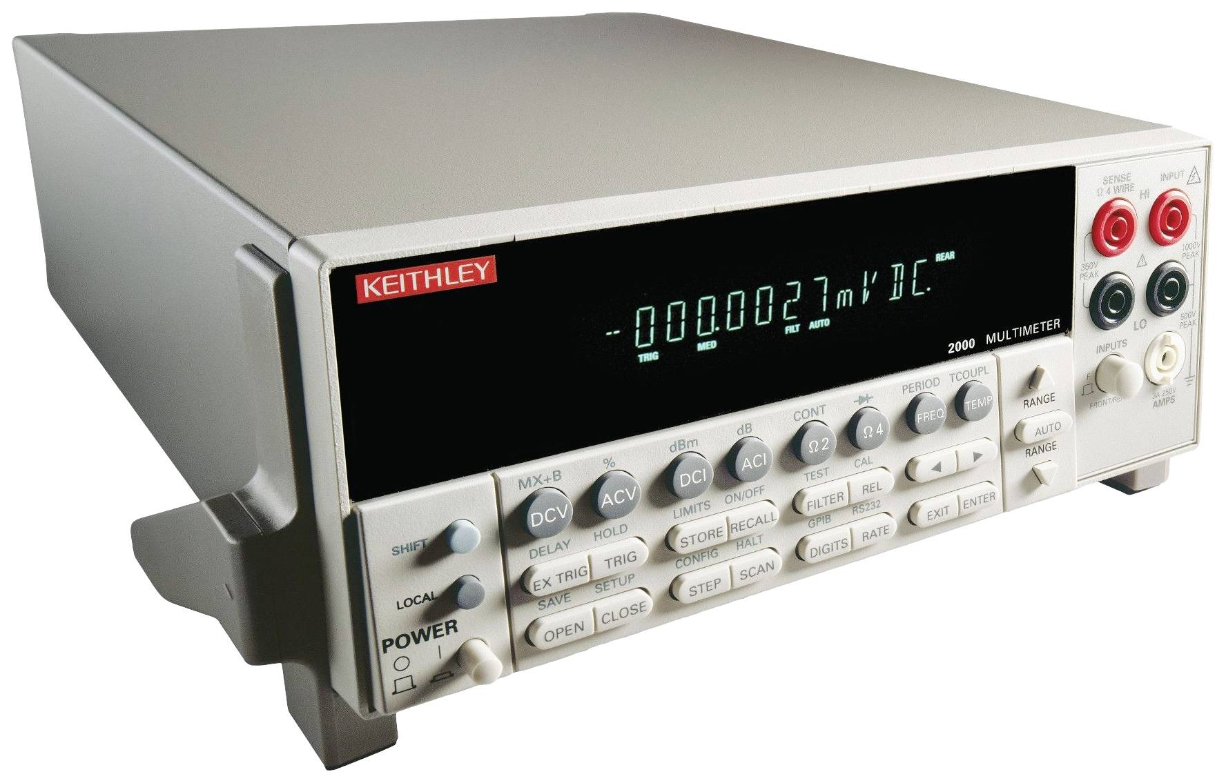 Un multimetro digitale con display '00000027 mV DC'. Dotato di numerosi tasti per diverse modalità di misurazione e connessioni.