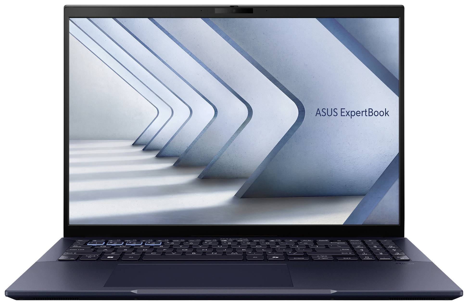 Un laptop aperto con uno sfondo schermo moderno che mostra 'ASUS ExpertBook'.