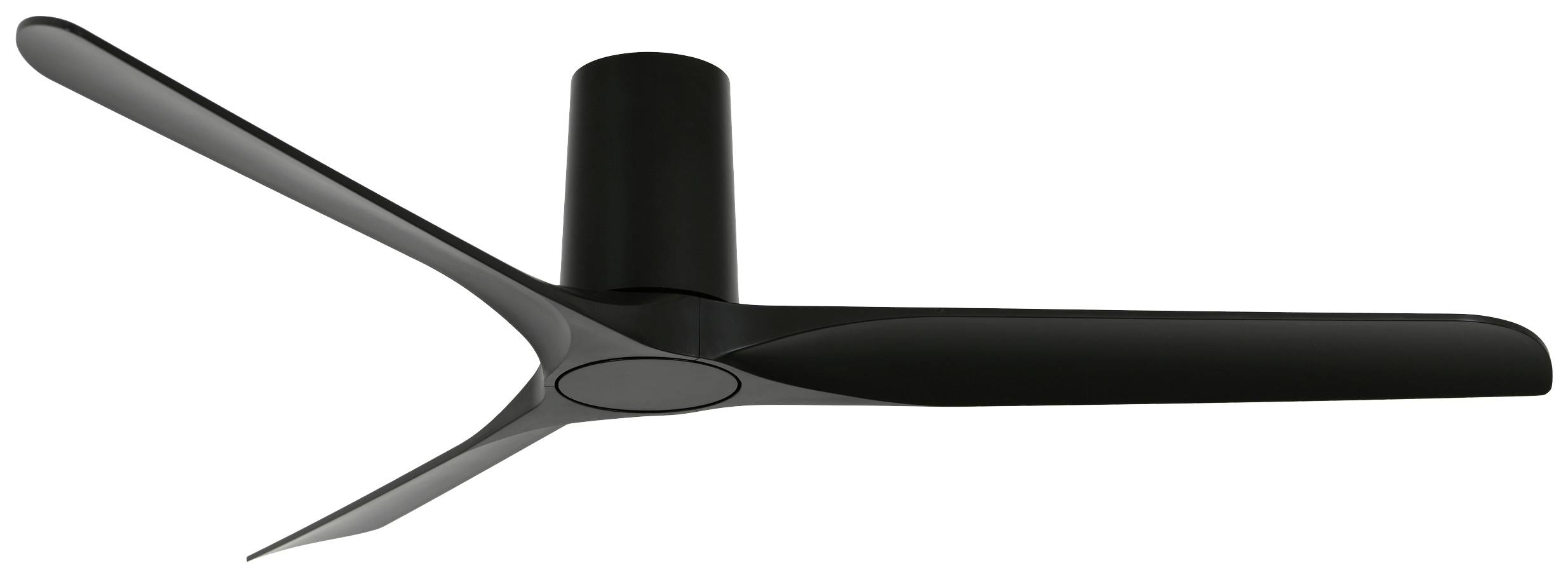 Un ventilatore da soffitto nero con tre pale sottili e un motore cilindrico. Design minimalista.