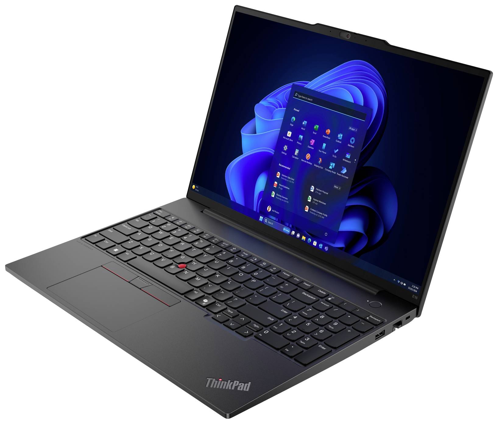 Un laptop con l'interfaccia utente di Windows aperta. Schermo luminoso con il menu di avvio visualizzato, tastiera nera.