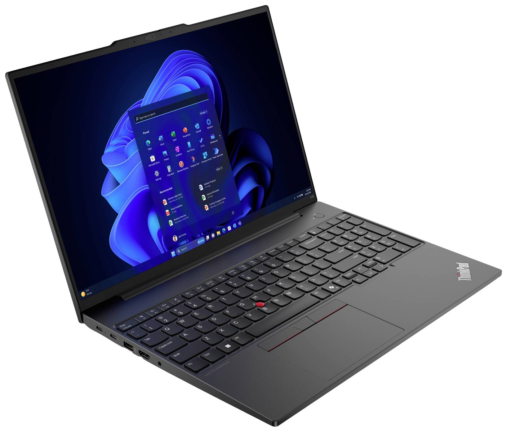 Laptop con schermo acceso, che mostra il sistema operativo Windows. Tastiera e TrackPoint visibili, design in colore scuro.
