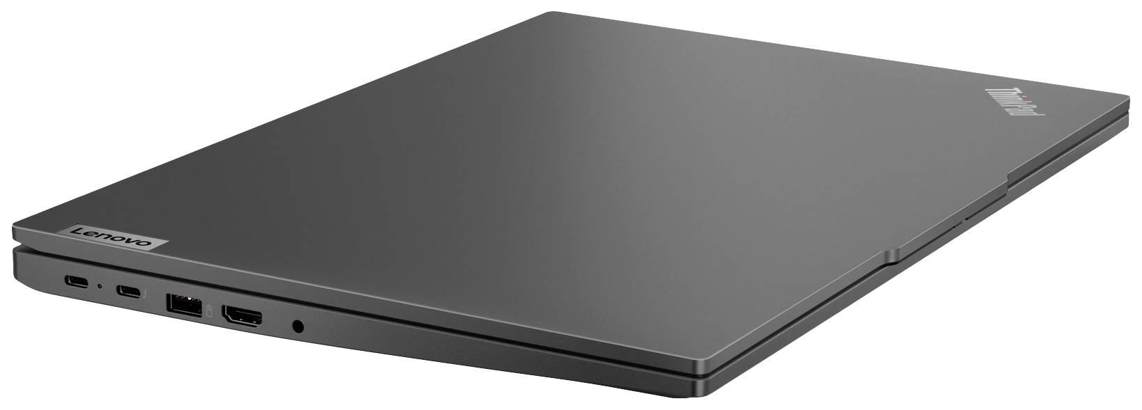 Un laptop chiuso, di colore grigio scuro, visto di lato, con porte USB e HDMI visibili.