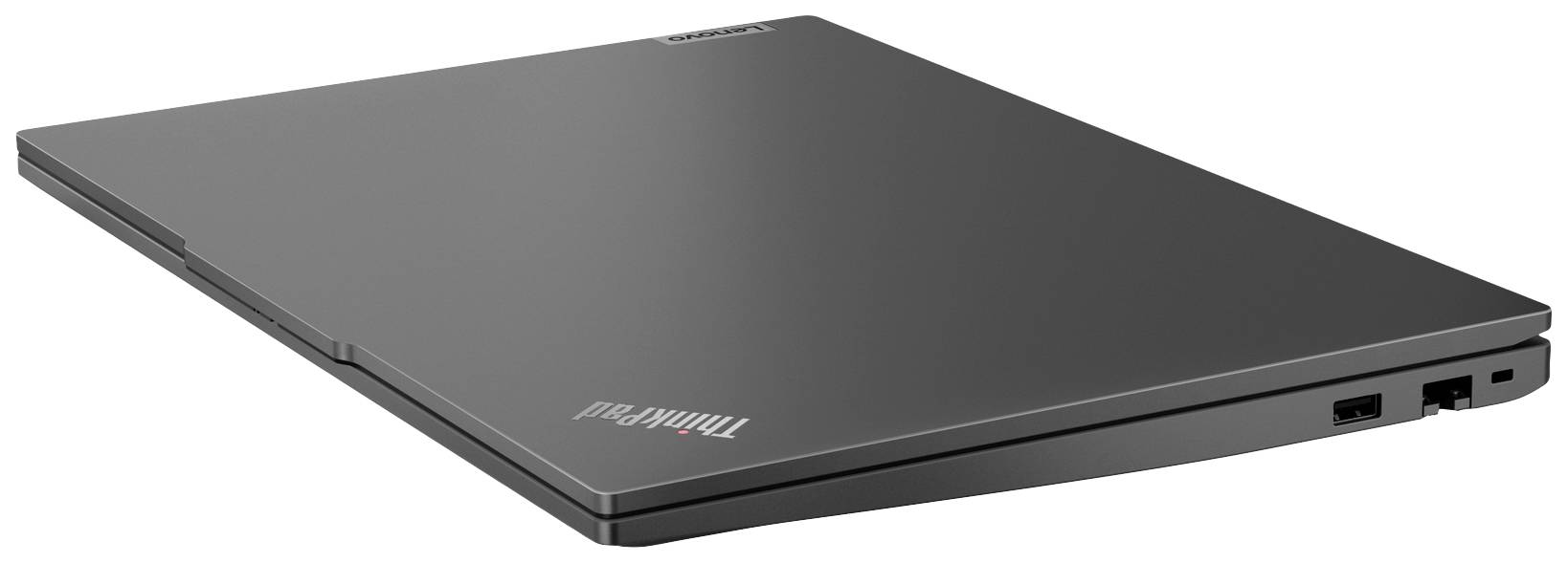 Un laptop nero chiuso con il logo 'ThinkPad' sul coperchio, con due porte USB visibili sul lato.