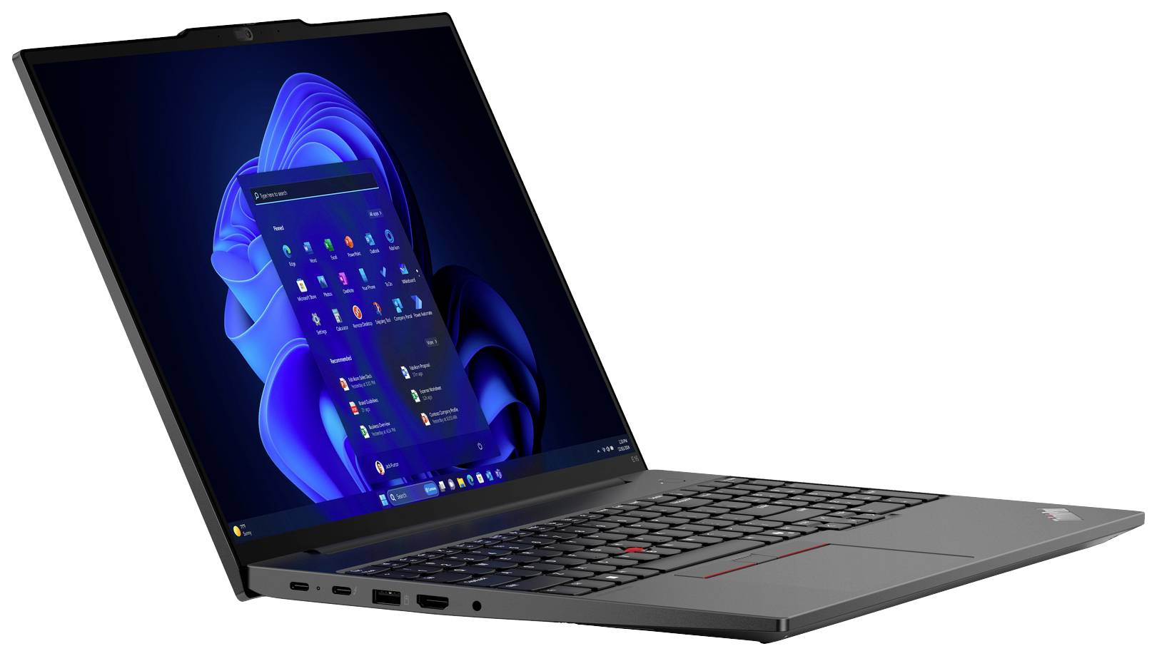 Un laptop aperto con un'interfaccia di Windows 11 sullo schermo. Il dispositivo è nero e ha una tastiera retroilluminata.